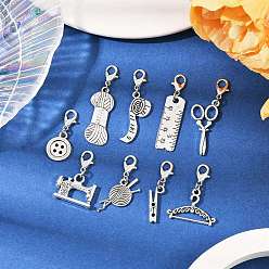 Античный Серебристый & Платиновый 9 шт 9 стили швейные инструменты тибетский стиль сплав подвесные украшения, с карабин-лобстерами , старинное серебро и платина, 28.5~44 мм, 1 шт / стиль