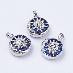 Ляпис-Лазурь Кулоны из натурального лазурита, с латунной фурнитурой , плоские круглые с солнцем, платина, 28x24x9~10 мм, отверстие : 5x7 мм
