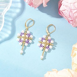 Лиловый Цветок с крестом 304 серьги из нержавеющей стали стеклянные семена серьги с застежкой-молнией, золотые, сирень, 49x20.5 мм