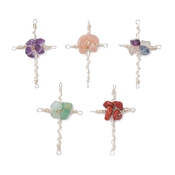 Смешанные камни Натуральный флюорит/зеленый авантюрин/солнечный камень/красная яшма/аметистовая крошка медной проволоки, обернутая крестообразной многожильной цепочкой, серебряный цвет гальваническим, 49.5x32x11.5 мм, отверстие : 2 мм