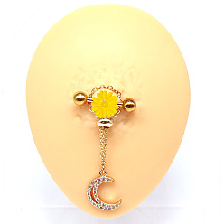 Луна 316l хирургические соски-штанги из нержавеющей стали с кубическим цирконием, цепочка кисточка кольца для сосков, золотые, луна, 14 мм, штифты : 1.6 мм