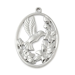 Нержавеющая Сталь Цвет 304 подвески из нержавеющей стали, овал с подвесками в виде цветка и птицы, не тускнеет, цвет нержавеющей стали, 38.5x26x2 мм, отверстие : 2.2 мм