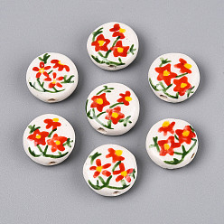 Оранжево-Красный Фарфоровые бусины ручной работы, пастельный фарфор, плоские круглые и цветок, оранжево-красный, 19~20x8~9 мм, отверстие : 1.8~2 мм
