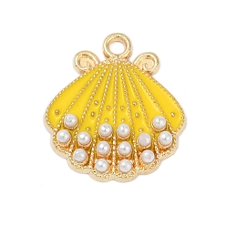 Желтый Подвески из эмалевого сплава с пластиковым искусственным жемчугом, подвески в форме ракушек, желтые, 20.5x18x3 мм, отверстие : 1.8 мм
