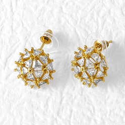 Круглые Женские серьги-гвоздики из латуни с микропаве и прозрачным кубическим цирконием, золотые, круглые, 15 мм