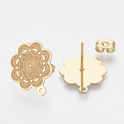 Golden 304 Stainless Steel Stud Earring Findings, with Loop, Flower, Golden, 17.5x15mm, Hole: 1mm, pin: 0.7mm