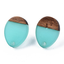 Turquoise Resin & Walnut Wood Stud Earring Findings, with 304 Stainless Steel Pin, Teardrop, Turquoise, 17x13mm, Hole: 1.8mm, Pin: 0.7mm