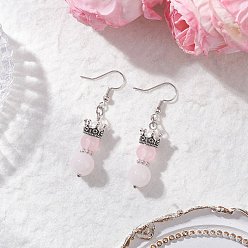 Pink Серьги-подвески из искусственного нефрита, окрашенные методом запекания, корона с круглым, с экологически чистым окрашенным стеклянным перламутром и сплавом, розовые, 50.5x10.5 мм