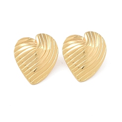 Golden Stripe Heart 304 Stainless Steel Stud Earrings for Women, Golden, 30x26mm