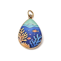Blue Printed 304 Stainless Steel Pendants, Teardrop with Coral & Tropical Fish Charms, Ion Plating(IP), Long-Lasting Plated, Golden, Blue, 18x12x3mm, Hole: 2.5mm