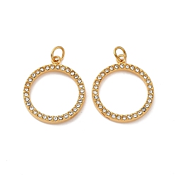 Настоящее золото 18K 304 подвески из нержавеющей стали, Кольца, со стразами, ионное покрытие (ip), с целью перехода в кольце, реальный 18 k позолоченный, 17.5x15x2 мм