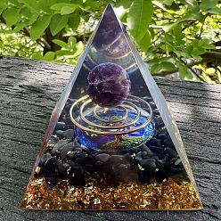 Аметист Украшение дисплея смолы, с натуральным аметистом и натуральным обсидианом, с латунной фурнитурой произвольного цвета, для украшения дома, пирамида, 60x60x60 мм