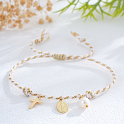 Цвет Древесины Богемные браслеты из латуни с подвесками из натурального пресноводного жемчуга, регулируемые плетеные браслеты из хлопкового шнура для женщин, крест и овал с иисусом, деревесиные, 11.02 дюйм (28 см)