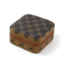 Camel M Printed PU Imitation Leather Jewelry Storage Zipper Boxes, for Necklaces Bracelets Earrings Rings, Square, Camel, 10x10x5cm