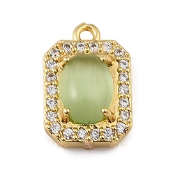 Yellow Green Brass Micro Pave Clear Cubic Zirconia & Cat Eye Charms, Octagon Rectangle Charms, Rack Plating, Long-Lasting Plated, Cadmium Free & Lead Free, Real 18K Gold Plated, Yellow Green, 14.5x10x6mm, Hole: 1.2mm