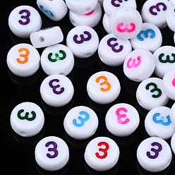 Number Белые непрозрачные акриловые бусины, плоский круглый со смешанным номером цвета, кол. 3, 7x3.5 мм, отверстие : 1.2 мм, Около 3800 шт / 500 г