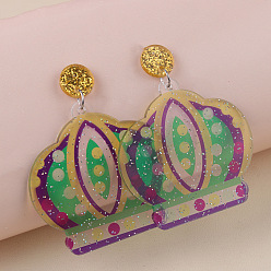 Crown Серьги-гвоздики в богемном стиле с акриловыми блестками, платина, корона, 70x52 мм