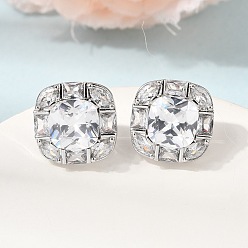 Platine Boucles d'oreilles puces en laiton pavé de zirconiums cubiques transparents et verre, carrée, crémaillère plaquage, plaqué longue durée, sans cadmium et sans plomb, platine, 14.5x15mm