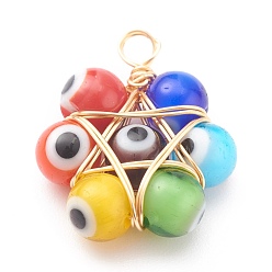Colorful Handmade Lampwork Pendants, with Handmade Evil Eye Lampwork Round Bead and Eco-Friendly Copper Wire Copper Beading Wire, Colorful, 22.5x18x6mm, Hole: 3mm