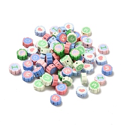 Mixed Color Handmade Polymer Clay Beads, Flower with Letter Pattern, Mixed Color, 9~10x4.5~5mm, Hole: 1.6~1.8mm