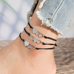 Платина Наборы браслетов на лодыжку из сплава с тройным сердечком из цепочки и шнура для женщин, платина, 7-7/8~11-3/4 дюйм (200~300 мм), 3 шт / комплект