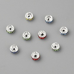 Mixed Color Brass Grade A Rhinestone Spacer Beads, Silver Color Plated, Nickel Free, Mixed Color, 4x2mm, Hole: 0.8mm