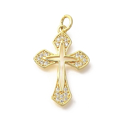 Настоящее золото 18K Латунные микропаве прозрачные подвески с фианитом, крест прелести, с целью перехода в кольце, реальный 18 k позолоченный, 24x16x1.8 мм, отверстие : 3 мм