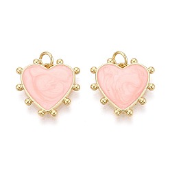 Розовый Подвески из латуни и эмали, сердце прелести, реальный 16 k позолоченный, туманная роза, 18x18x2.5 мм, отверстие : 3 мм, Перейти кольцо: 5x0.8 мм, внутренний диаметр: 3 мм
