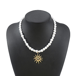 Sol Colgante texturizado de aleación, perlas de plástico blanco, collares con cuentas en forma de corazón, dorado, sol, 18.11 pulgada (46 cm)