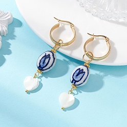 Золотой Овальные серьги-кольца с сердечком 304 из нержавеющей стали, с бусинами ручной работы из фарфора и бусинами из натуральной раковины трохида/трохуса, золотые, 60x12 мм