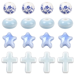 Mixed Color 20Pcs 4 Styles Handmade Flower Printed Porcelain Ceramic Beads Strands, Mixed Shape, Mixed Color, 10~17mm, Hole: 1.4~3.3mm, 5pcs/style