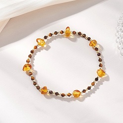 Смешанные камни Эластичные браслеты из натурального янтаря и тигрового глаза для женщин, круглый и чип, с немагнитных синтетическими гематита бисера, бисер: 2.5 мм / 3 мм, внутренний диаметр: 2.17 дюйм (5.5 см)