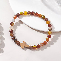 Смешанные камни Эластичные браслеты из натурального полосатого агата, Украшения из искусственной бирюзы, окрашенные аэрозольной краской, для женщин и мужчин., крест и круглый, бусины : 6 мм, внутренний диаметр: 2.17 дюйм (5.5 см)