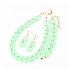 Аквамарин Комплекты акриловых цепочек-цепочек, сережек-подвесок и браслетов, золотые, аквамарин, Ожерелье: 430 mm