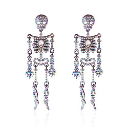 Черный Цвет Металла Серьги-гвоздики из цинкового сплава с кристаллами AB и стразами на Хэллоуин, скелет, металлический черный , 100x25 мм