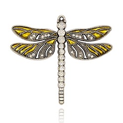 Or Accessoires de collier pendentif libellule vintage, émail en alliage gros pendentifs, avec strass cristal, argent antique, or, 56.5x65x5mm, Trou: 2mm