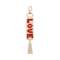 Red Valentine's Day Word Love Hand-woven Cotton Pendant Decorations, Bohemian Style Letter Tassel Ornaments, with Alloy Lobster Clasp Charm, Red, 180x28mm