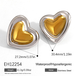 Золотой & Цвет Нержавеющей Стали День святого Валентина 304 серьги-гвоздики из нержавеющей стали, двухцветное сердце, золотые и нержавеющая сталь цвет, 27.2x30.4 мм