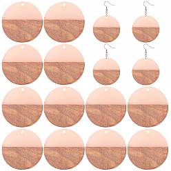 Light Coral Transparent Resin & Walnut Wood Pendants, Waxed, Flat Round, Light Coral, 28.5x3.5~4mm, Hole: 1.5mm, 12pcs/box