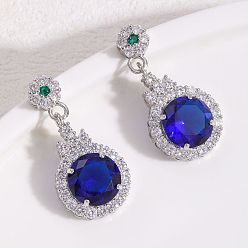 Платина Плоские круглые латунные серьги-гвоздики с микропаве из кубического циркония, платина, 28x15 мм