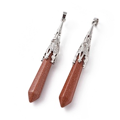 Камень с Пылевым Золотом Синтетические голдстоуновские большие подвески, с латунной найти, пуля, платина, 75~80x10~10.5 мм, отверстие : 5x7 мм