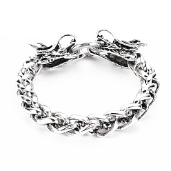 Antique Silver Men's Alloy Wheat Chain Bracelet, with Spring Gate Rings, Dragon, Antique Silver, 3/8 inch(1.1cm), Inner Diameter: 2-3/8 inch(6cm)