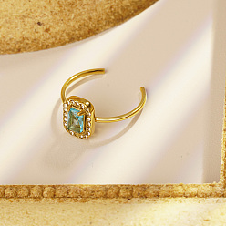 Синий Стильные 304 кольца-манжеты из нержавеющей стали с кубическим цирконием для женщин, прямоугольные, реальный 18 k позолоченный, синие