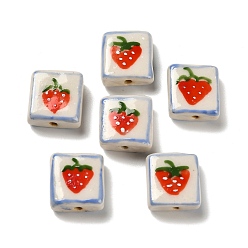 Клубника Печатные ручной фарфоровые бусы, квадратный, клубника, 16x16x7 мм, отверстие : 1.8 мм