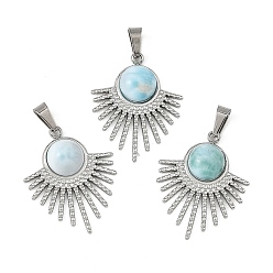 Нержавеющая Сталь Цвет Подвески в виде солнца из натурального ларимара, 304 Подвески из нержавеющей стали с оправой в виде веера, с 201 защелкой из нержавеющей стали на поручнях, цвет нержавеющей стали, 25.5x20.5x5.5 мм, отверстие : 6x3 мм