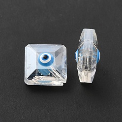Deep Sky Blue Glass Beads, Hand Painted Beads, Faceted Square, with Enamel, AB Color Plated, Deep Sky Blue, 13x13x9mm, Hole: 1.2mm