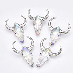 Платина Гальваническое стекло большие подвески, с железной фурнитурой, цвет AB, форма головы быка, ясно AB, платина, 45~60x35~50x15 мм, отверстие : 2 мм