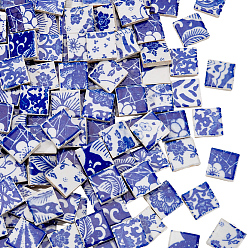 Blue 500G 5 Styles Handmade Porcelain Cabochons, Square with Flower Pattern, Blue, 19.5x19.5x5.5mm, 100g/style