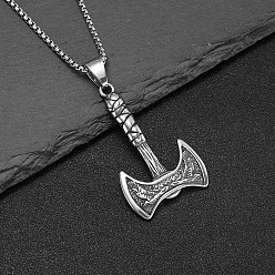 Argent Antique 304 Colliers pendentifs hache viking en acier inoxydable pour hommes, argent antique, 23.62 pouce (60 cm)