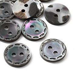 Black Natural Shell Flat Round Buttons with Carved Rim Recessed Center, 2-Hole, Black, 11.5x2mm, Hole: 1.5mm